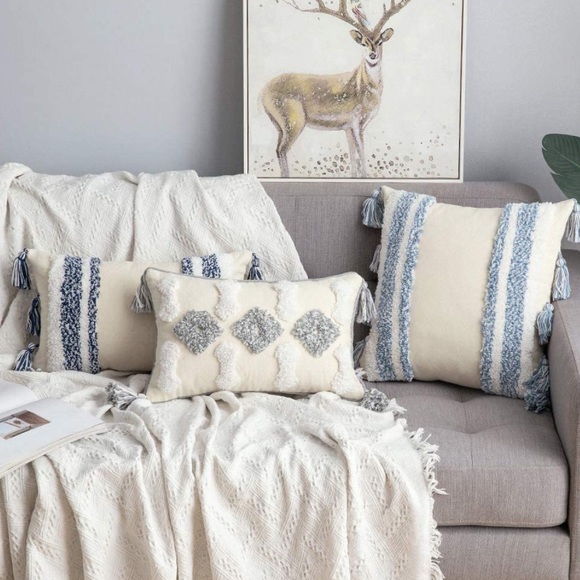 Luxury Home | Boho Chic Blue & White Tufted Woven Tassel Lumbar Pillow Cover - Picture 5 of 7